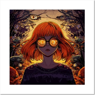 Abstract portrait girl in weird spooky forest Posters and Art